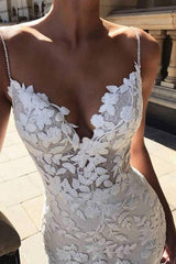 Spaghetti Strap Backless Mermaid Lace Wedding Dresses with Appliques