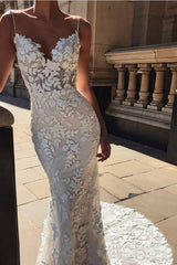 Spaghetti Strap Backless Mermaid Lace Wedding Dresses with Appliques