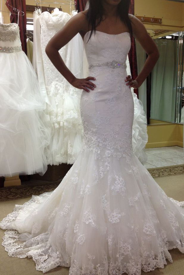 Mermaid Wedding Dresses, Strapless Tulle Appliques Bride Dresses