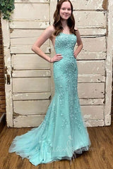 Pink Tulle Mermaid Prom Dresses Appliques Backless Evening Dresses