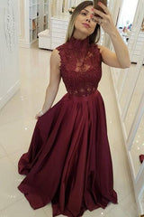 High Neck Prom Dresses, Burgundy A-Line Lace Applique Evening Gown