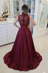 High Neck Prom Dresses, Burgundy A-Line Lace Applique Evening Gown