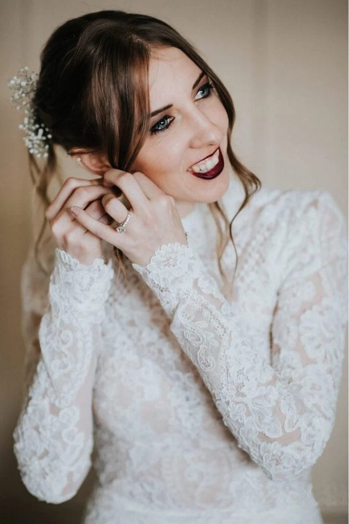 Modest Long Sleeve Lace Wedding Dresses, Mermaid Rustic Bridal Gown