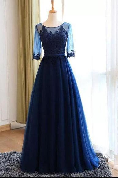 Dark Blue Half Sleeve Long Prom Dress