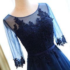 A-Line Scoop Neck Dark Blue Long Prom Dresses with Sleeves