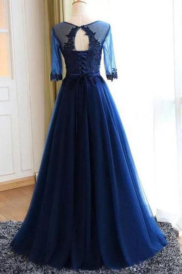 A-Line Scoop Neck Dark Blue Long Prom Dresses with Sleeves