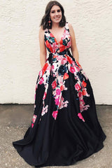 A-Line V-Neck Floral Print Black Long Prom Dress with Pockets