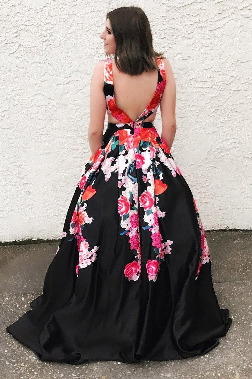 A-Line V-Neck Floral Print Black Long Prom Dress with Pockets