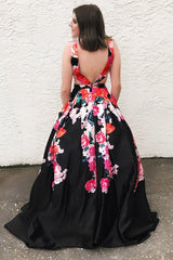 A-Line V-Neck Floral Print Black Long Prom Dress with Pockets