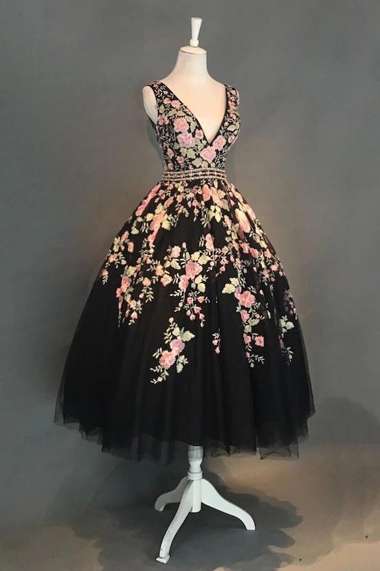 A-Line V-Neck Black Floral Tea-Length Prom Dress with Beading