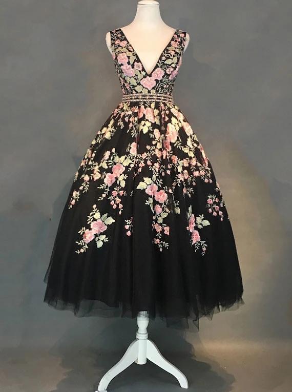 A-Line V-Neck Black Floral Tea-Length Prom Dress with Beading