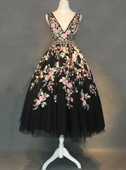 A-Line V-Neck Black Floral Tea-Length Prom Dress with Beading