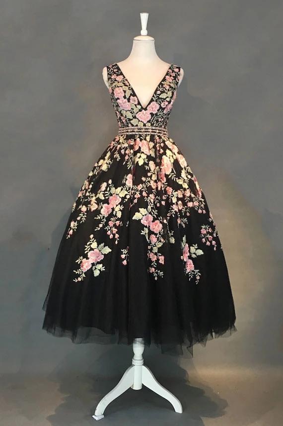 A-Line V-Neck Black Floral Tea-Length Prom Dress with Beading