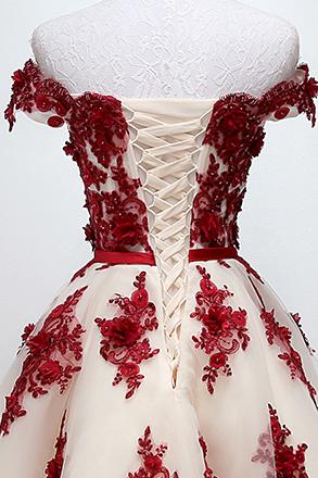 Chic Off-Shoulder Short Sweet 16 Dress, Homecoming Dress with Burgundy Beaded Appliques