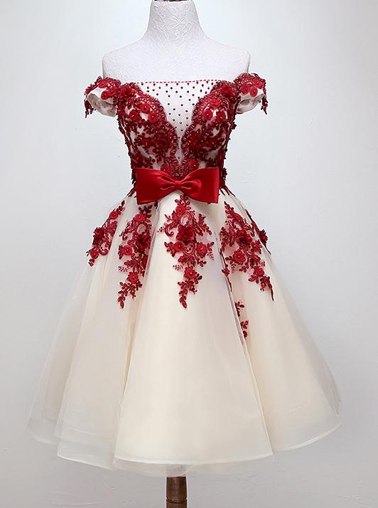 Chic Off-Shoulder Short Sweet 16 Dress, Homecoming Dress with Burgundy Beaded Appliques