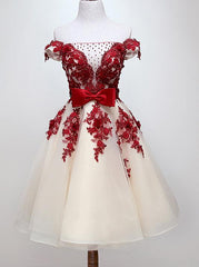 Chic Off-Shoulder Short Sweet 16 Dress, Homecoming Dress with Burgundy Beaded Appliques