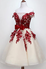 Chic Off-Shoulder Short Sweet 16 Dress, Homecoming Dress with Burgundy Beaded Appliques