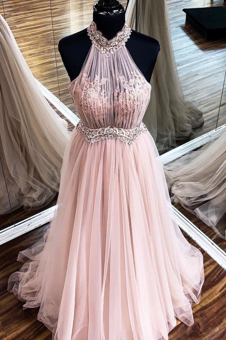 Chic Halter Formal Prom Dress, Tulle Lace Appliques A-Line Evening Dress