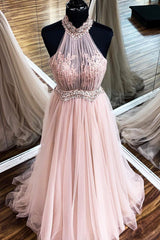 Chic Halter Formal Prom Dress, Tulle Lace Appliques A-Line Evening Dress