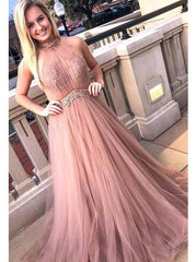 Chic Halter Formal Prom Dress, Tulle Lace Appliques A-Line Evening Dress