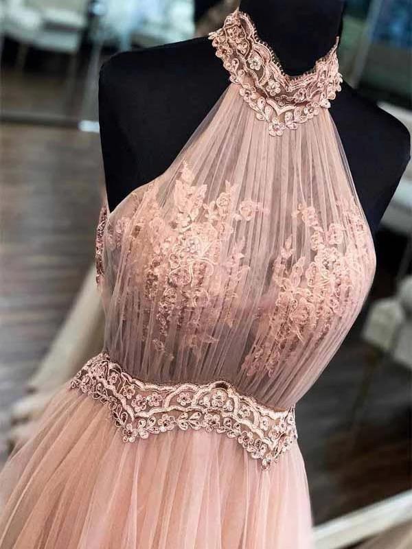 Chic Halter Formal Prom Dress, Tulle Lace Appliques A-Line Evening Dress
