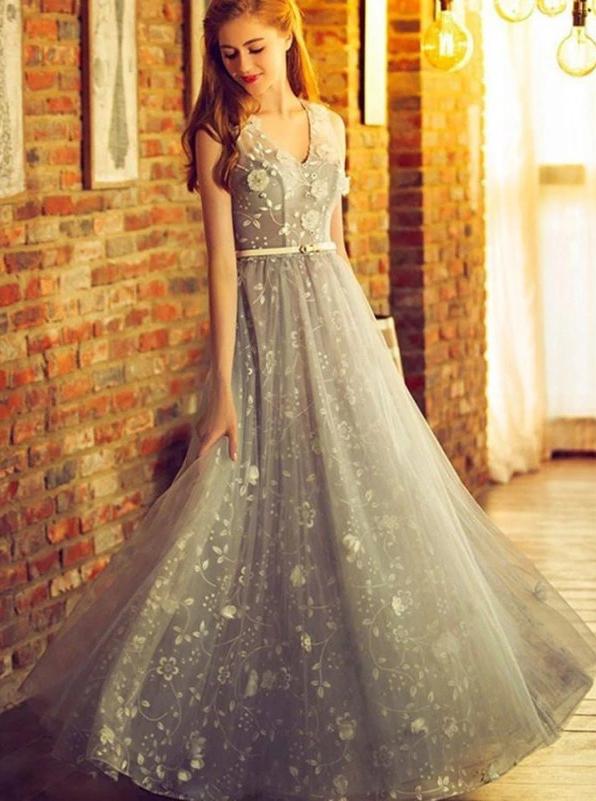 A-Line Silver Long Prom Dress Tulle V-Neck Formal Dress