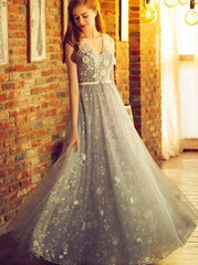 A-Line Silver Long Prom Dress Tulle V-Neck Formal Dress