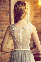 A-Line Silver Long Prom Dress Tulle V-Neck Formal Dress
