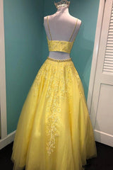 A-Line V-Neck Daffodil Two Piece Long Prom Dresses with Applique Beaded