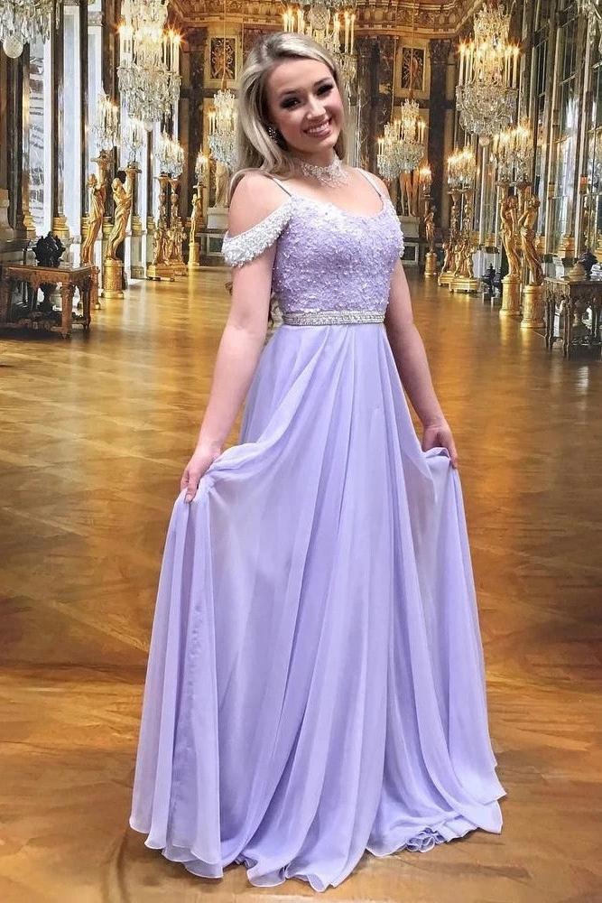 A-Line Lilac Long Prom Dresses Chiffon Evening Dress with Beading