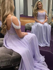 A-Line Lilac Long Prom Dresses Chiffon Evening Dress with Beading