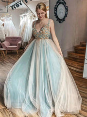 A-Line V-Neck Tulle Beading Prom Dresses, Plus Size Evening Dress