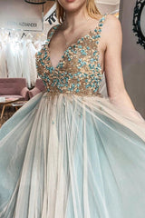 A-Line V-Neck Tulle Beading Prom Dresses, Plus Size Evening Dress