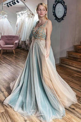 A-Line V-Neck Tulle Beading Prom Dresses, Plus Size Evening Dress