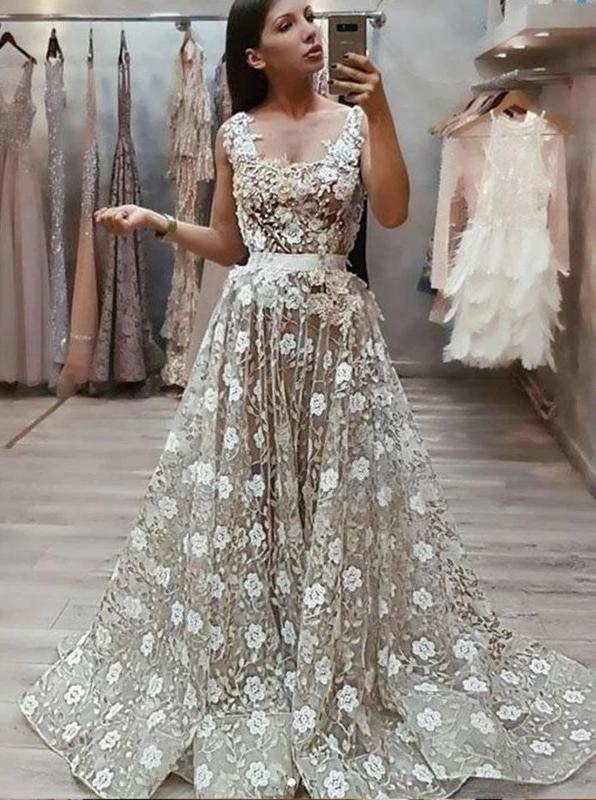 A-Line Square Long Prom Dress with Appliques, Straps Formal Evening Dress