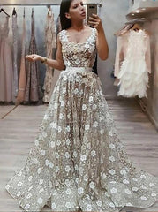 A-Line Square Long Prom Dress with Appliques, Straps Formal Evening Dress