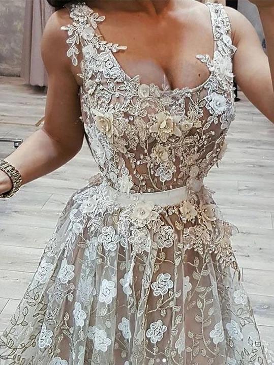 A-Line Square Long Prom Dress with Appliques, Straps Formal Evening Dress