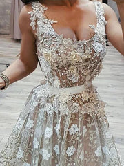 A-Line Square Long Prom Dress with Appliques, Straps Formal Evening Dress