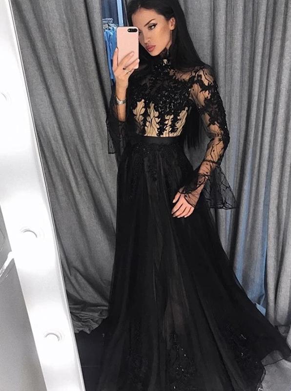 Black Lace Long Sleeve Prom Dresses, Tulle High Neck Evening Dress