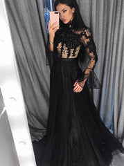 Black Lace Long Sleeve Prom Dresses, Tulle High Neck Evening Dress