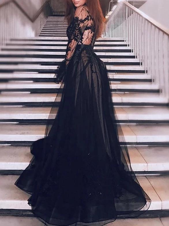 Black Lace Long Sleeve Prom Dresses, Tulle High Neck Evening Dress