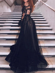 Black Lace Long Sleeve Prom Dresses, Tulle High Neck Evening Dress