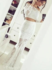 Off-Shoulder Long Sleeves Mermaid Lace Prom Dresses, Two Piece Evening Dress