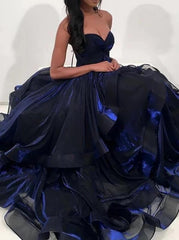 Sweetheart Dark Royal Blue Prom Dresses, Organza Long Formal Dress