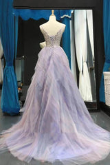 A-Line V-Neck Tulle Ombre Prom Dresses, Beading Long Evening Dress