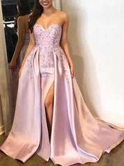 A-Line Satin Sweetheart Appliques Long Prom Dresses with Split