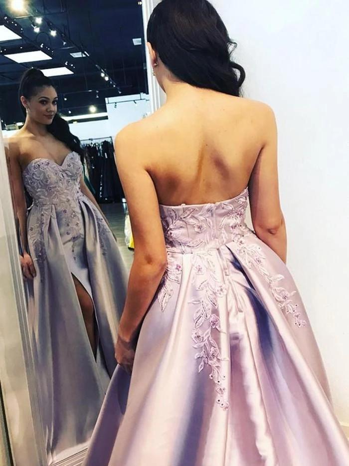 A-Line Satin Sweetheart Appliques Long Prom Dresses with Split