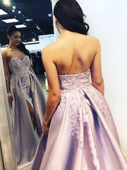 A-Line Satin Sweetheart Appliques Long Prom Dresses with Split