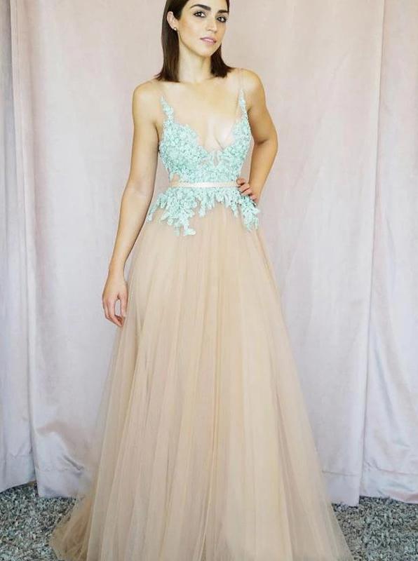 Deep V-Neck Tulle Long Prom Dresses, Lace Appliques Evening Gowns