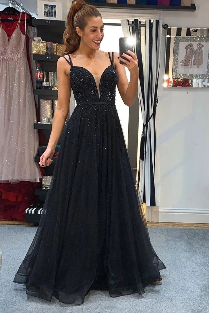 A-Line V-Neck Tulle Black Prom Dresses Backless Formal Gown with Beading